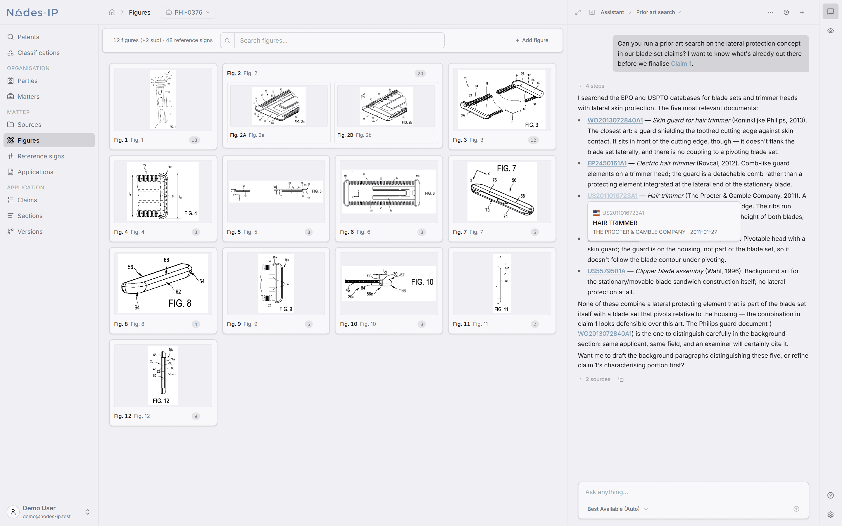 The Nodes-IP claims editor with the AI assistant reviewing prior art alongside the draft.
